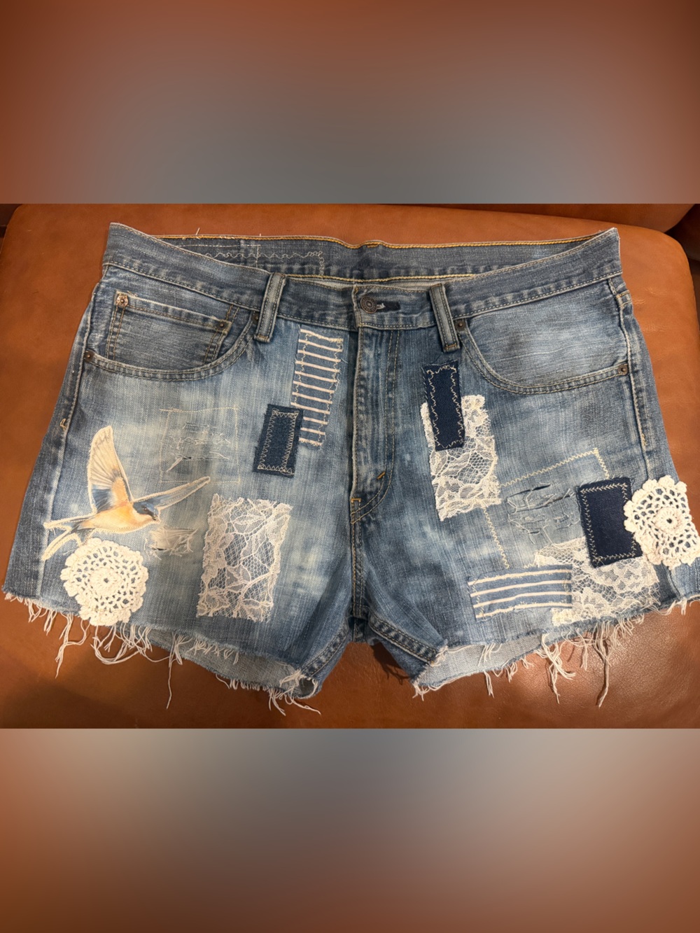 Upcycled Women’s Light Blue Distressed Patchwork Denim Shorts